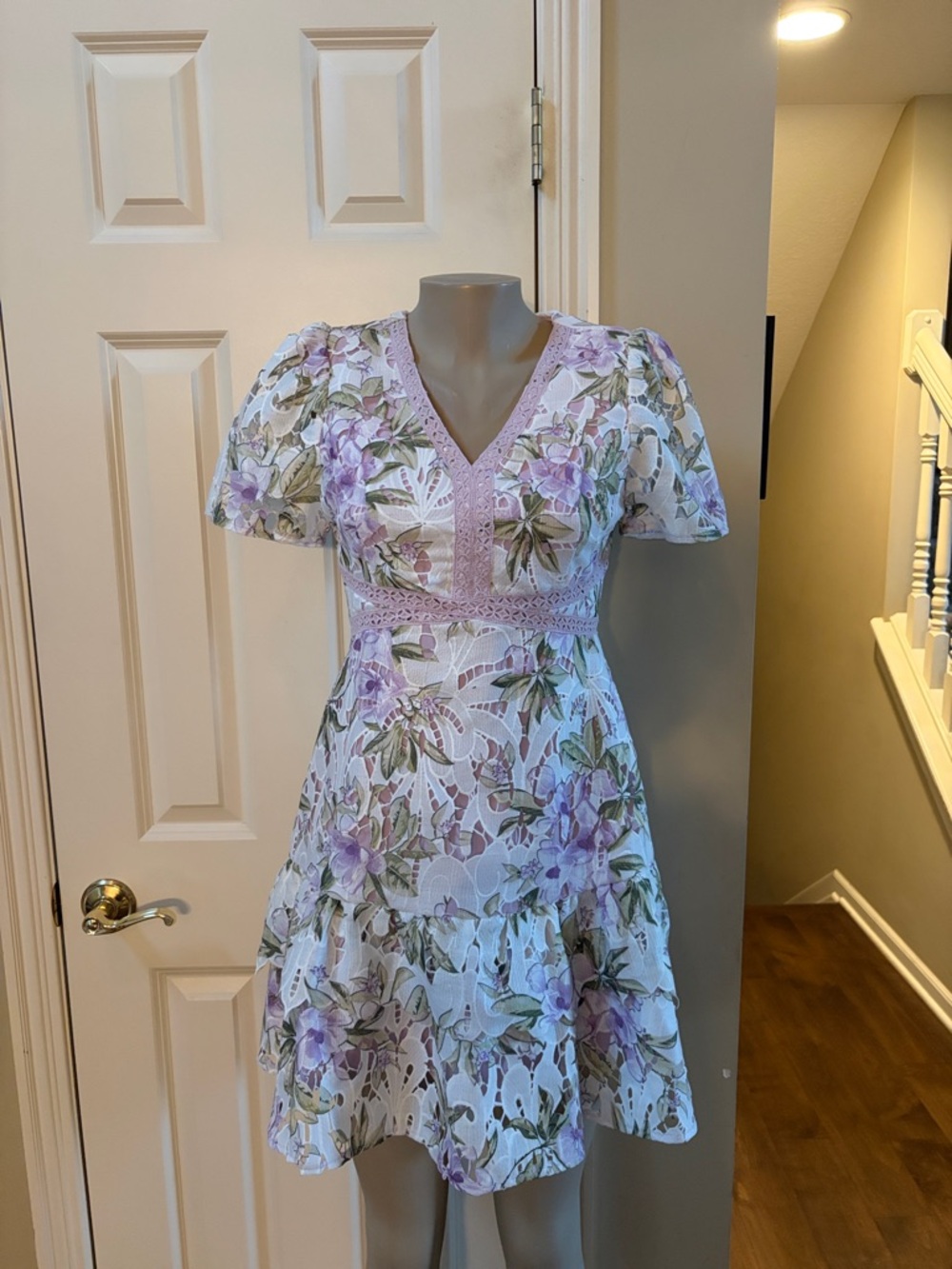 NWT Societe from Short Story V-Neck Floral Lace-Trim Mini Dress in Light Purple